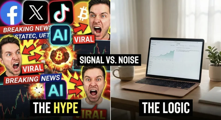 Image showing Hype versus Logic. On the left are thumbnails of YouTubers with their "shocked" faces and other social media logos. On the right shows the calm of logic.
