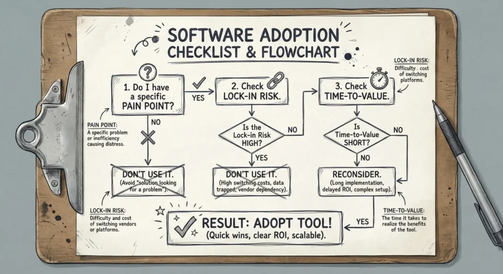 Flowchart of a Software adoption checklist and flowchart.